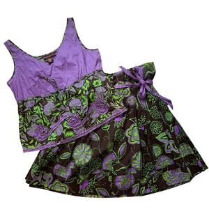 Bandolino Y2K Purple Green Skirt Baby Doll Tank Set Large 6 Floral Polka Dot